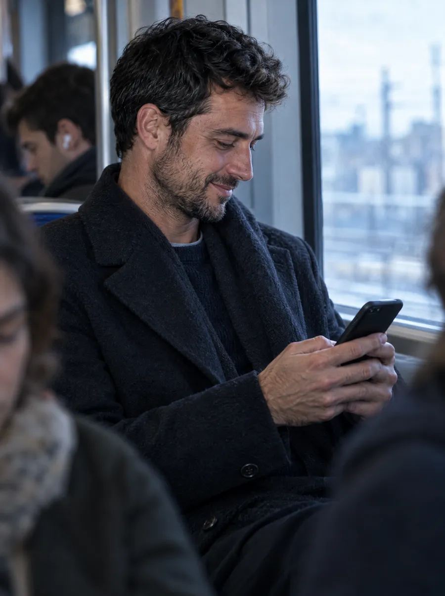 Lui in treno che legge sul telefono con un mezzo sorriso